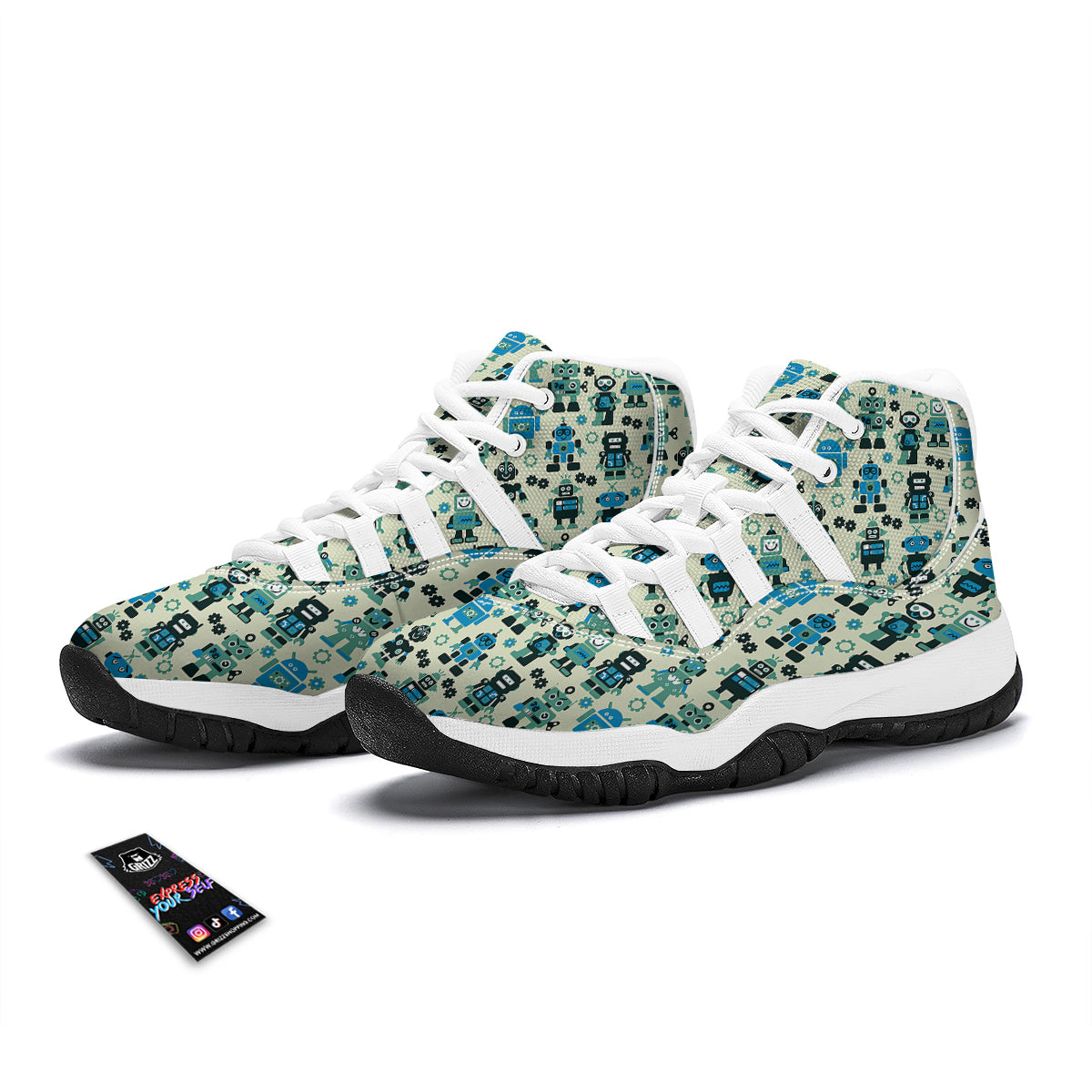 Cyborg Robot Pattern Print White Bball Shoes-grizzshop