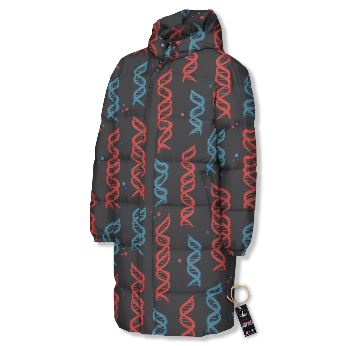 DNA Blue And Red Print Pattern Long Down Jacket-grizzshop
