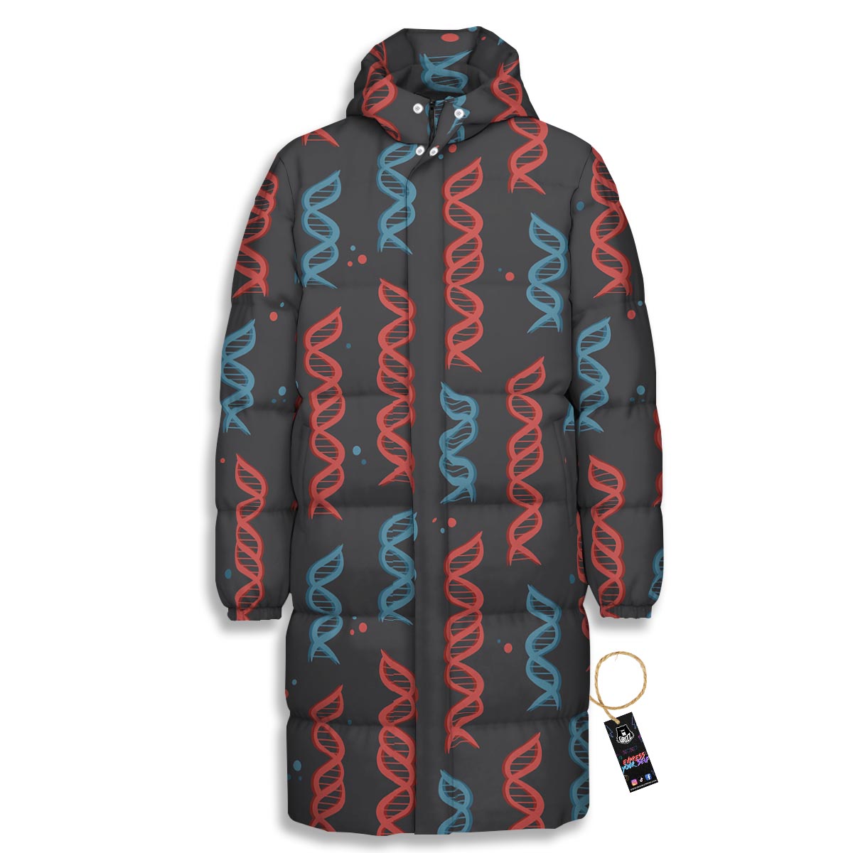 DNA Blue And Red Print Pattern Long Down Jacket-grizzshop