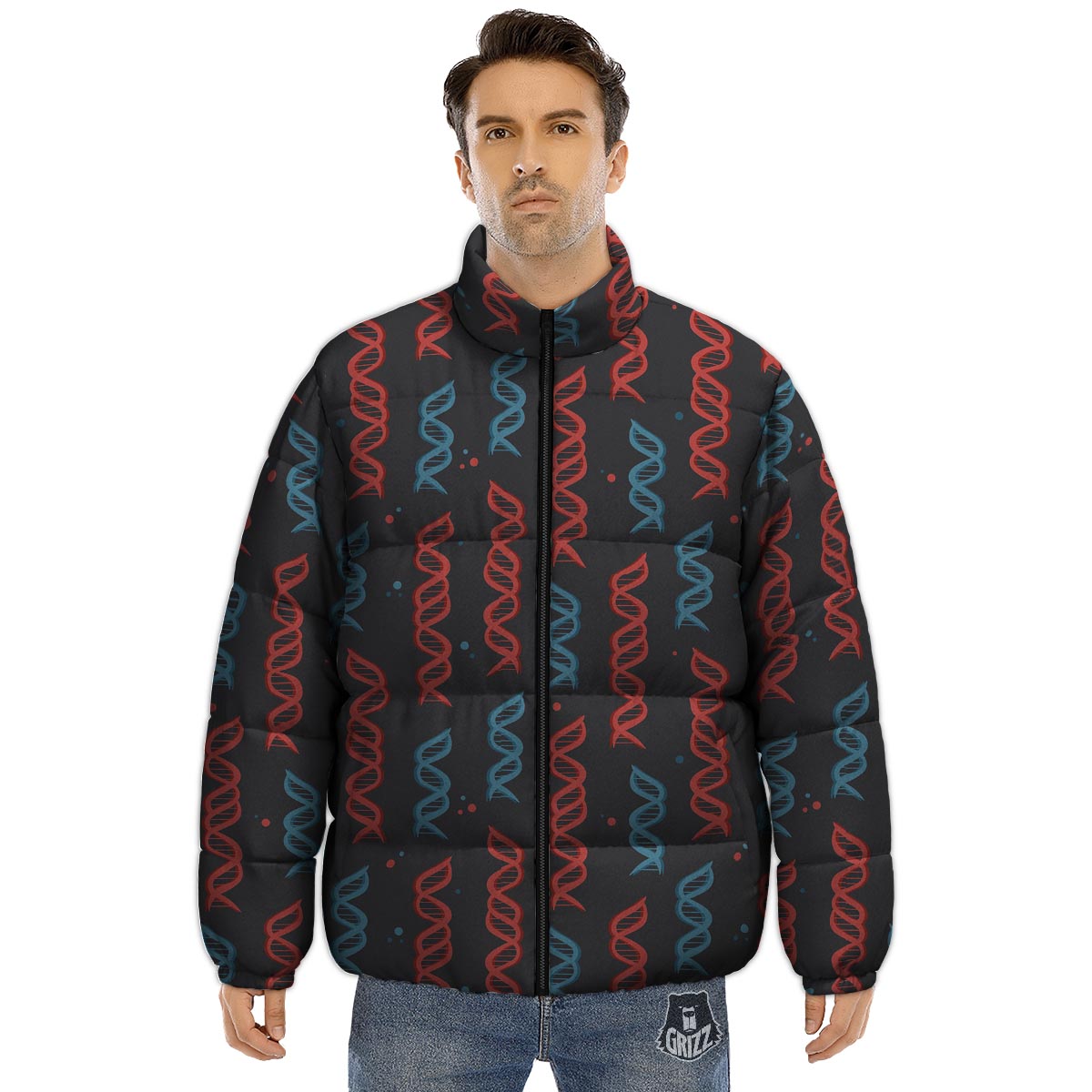 DNA Blue And Red Print Pattern Puffer Jacket-grizzshop