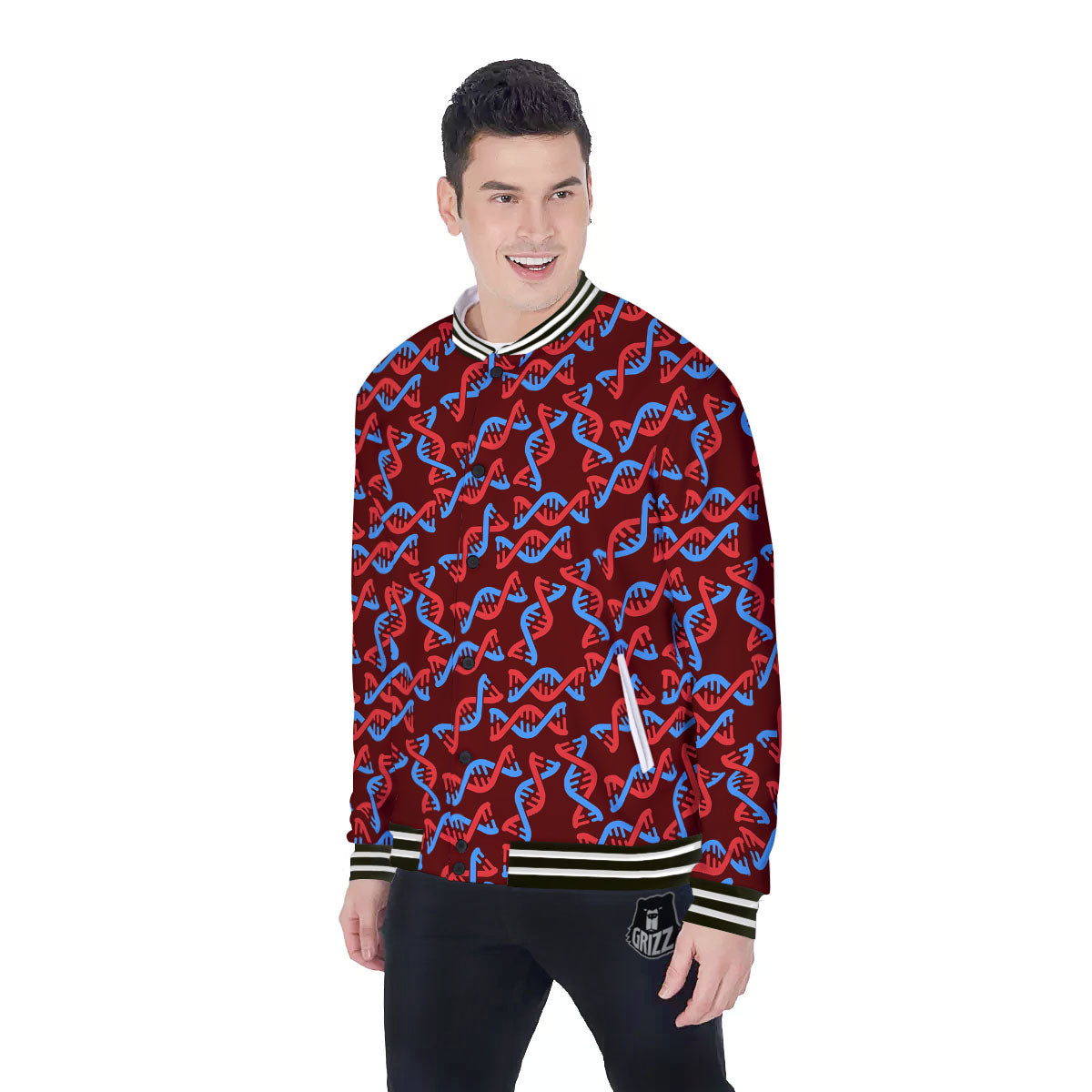 DNA Helix Print Pattern Baseball Jacket-grizzshop