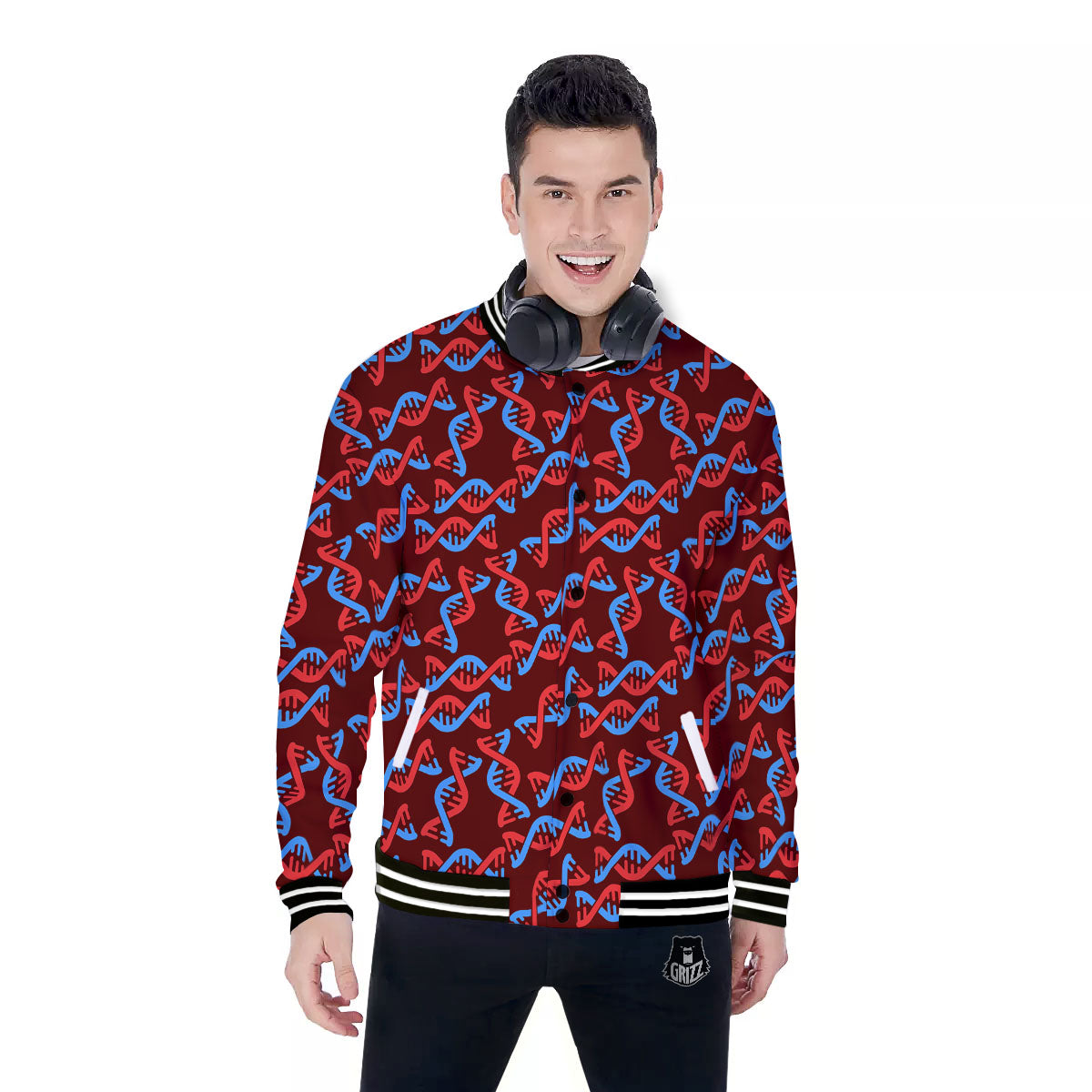 DNA Helix Print Pattern Baseball Jacket-grizzshop
