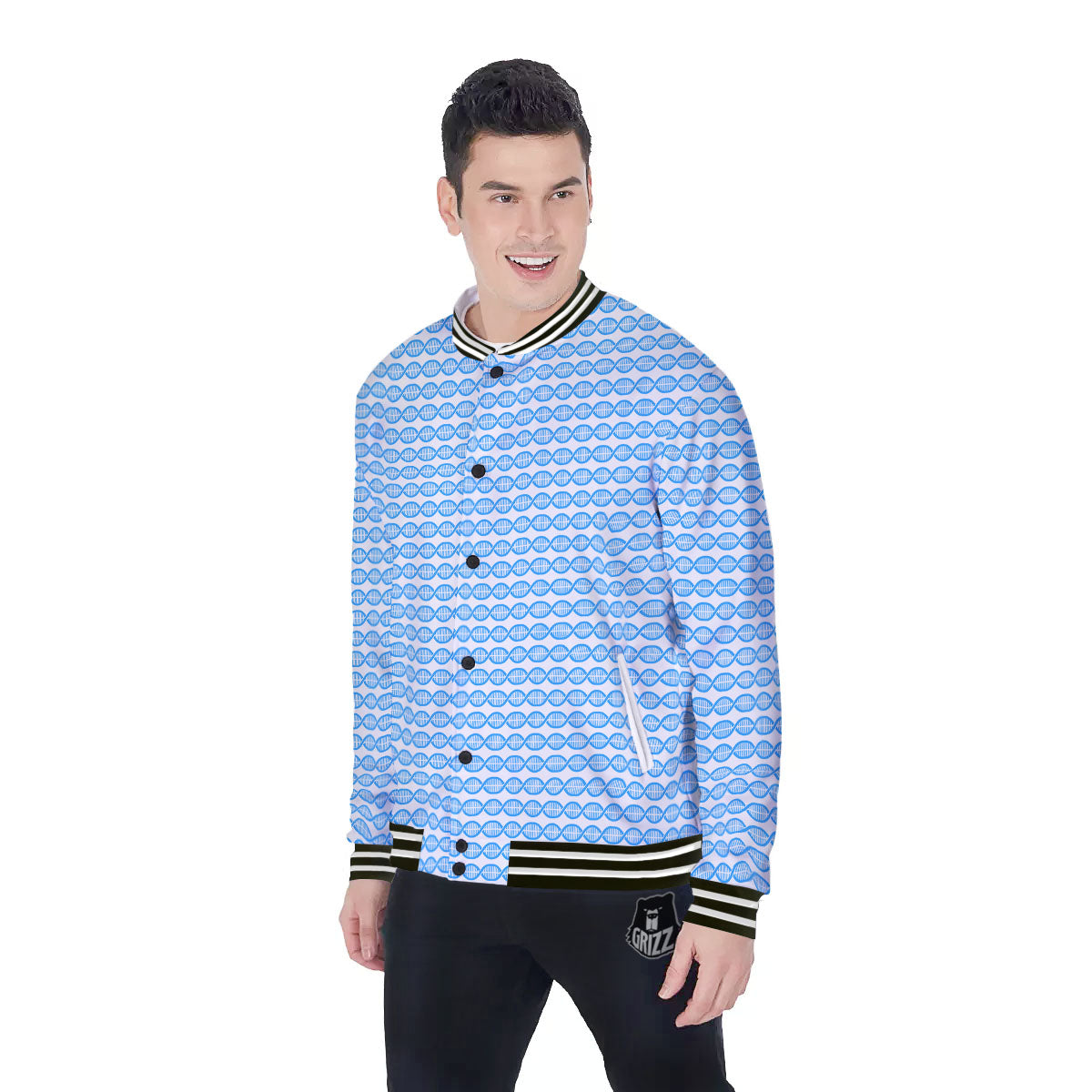 DNA White And Blue Print Pattern Baseball Jacket-grizzshop