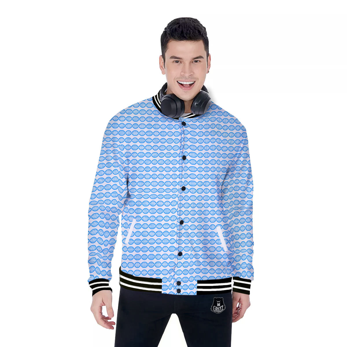 DNA White And Blue Print Pattern Baseball Jacket-grizzshop