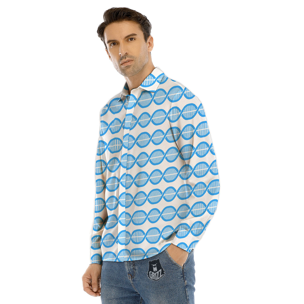 DNA White And Blue Print Pattern Men's Dress Shirts-grizzshop