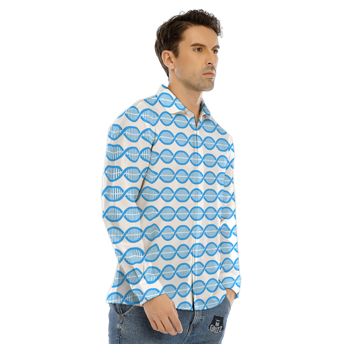 DNA White And Blue Print Pattern Men's Dress Shirts-grizzshop