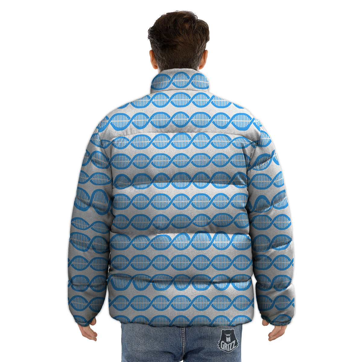 DNA White And Blue Print Pattern Puffer Jacket-grizzshop
