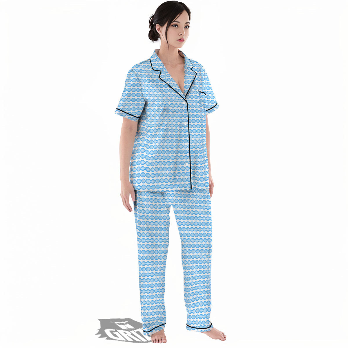 DNA White And Blue Print Pattern Women's Pajamas Set-grizzshop