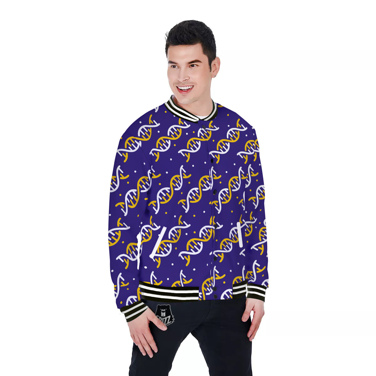 DNA Yellow And White Print Pattern Baseball Jacket-grizzshop