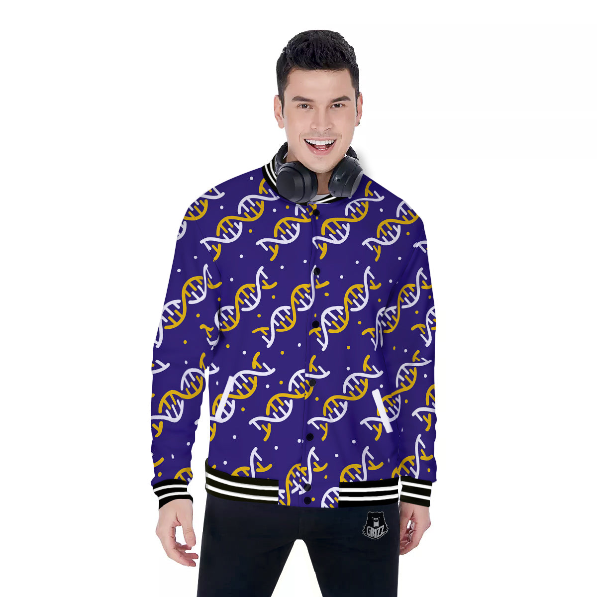 DNA Yellow And White Print Pattern Baseball Jacket-grizzshop