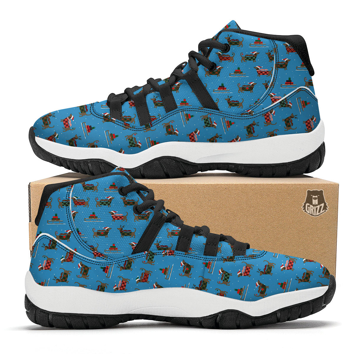 Dachshund Christmas Santa Print Black Bball Shoes-grizzshop