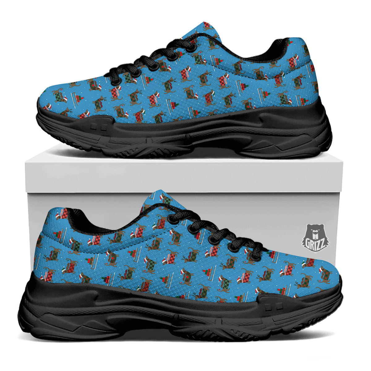 Dachshund Christmas Santa Print Black Chunky Shoes-grizzshop