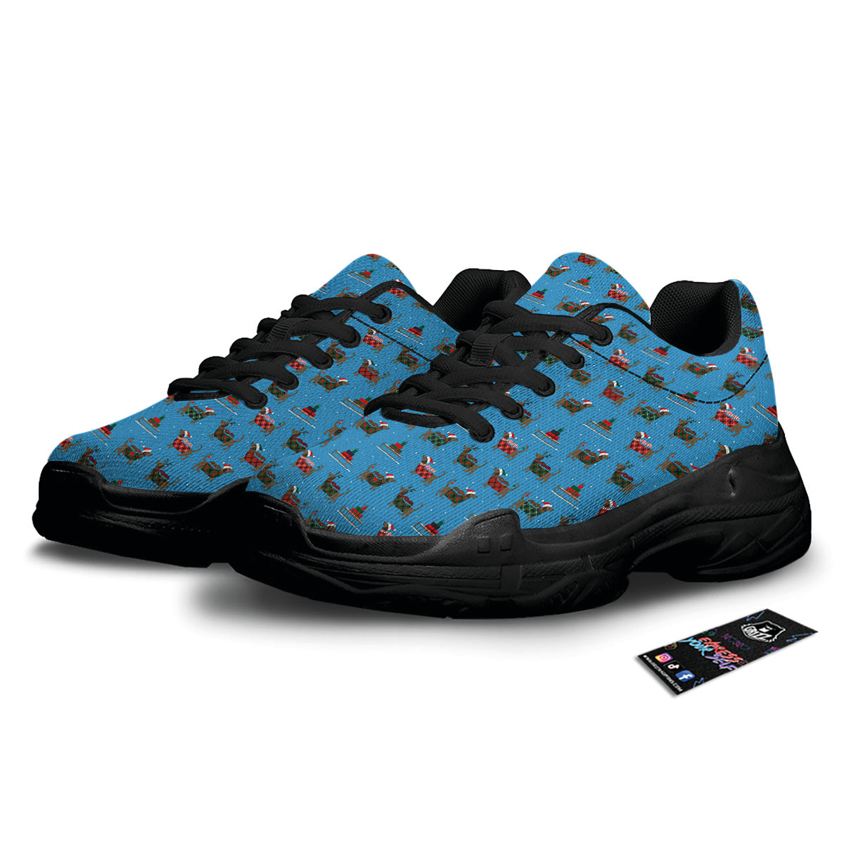 Dachshund Christmas Santa Print Black Chunky Shoes-grizzshop