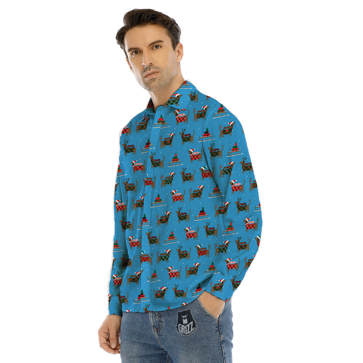 Dachshund Christmas Santa Print Men's Dress Shirts-grizzshop
