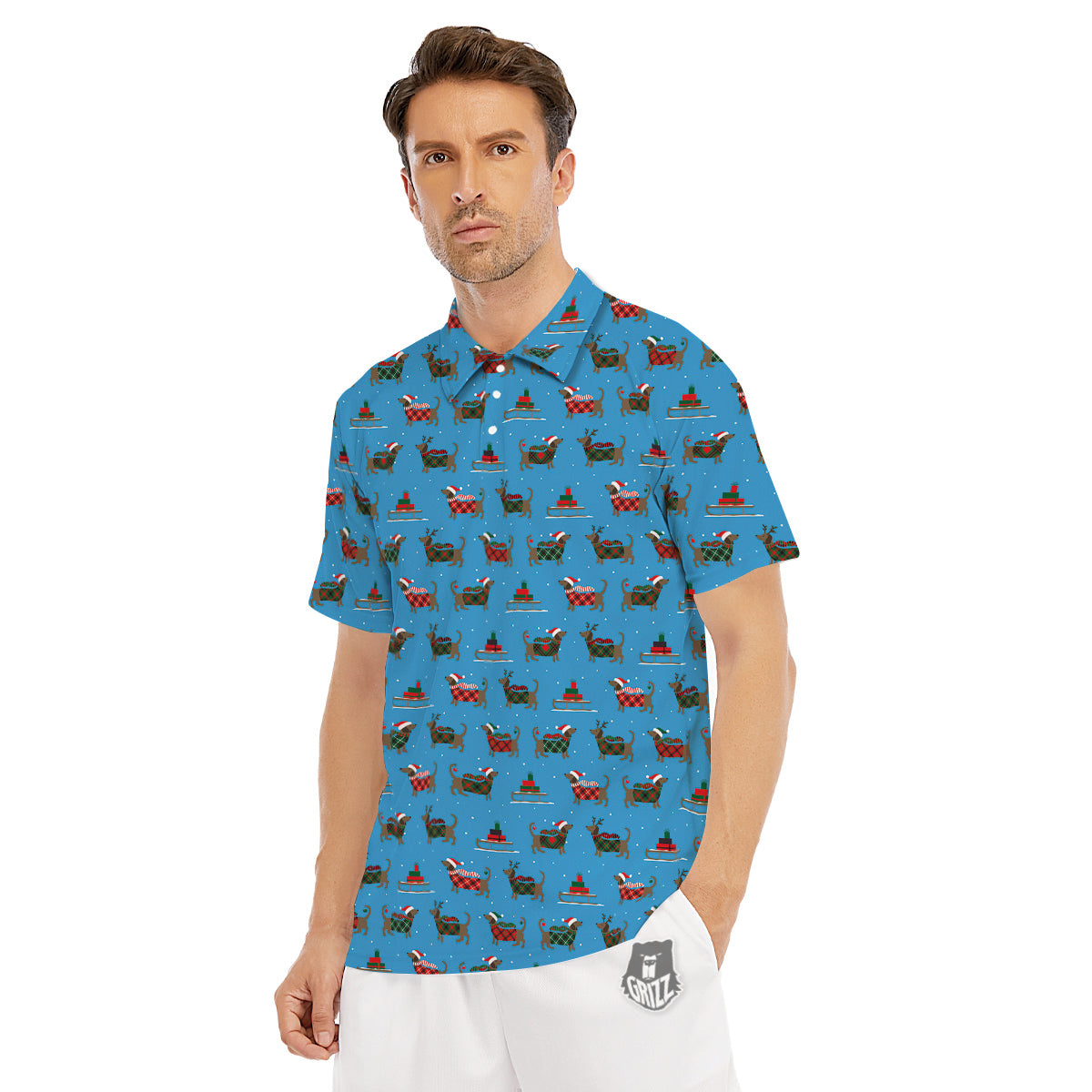 Dachshund Christmas Santa Print Men's Golf Shirts-grizzshop
