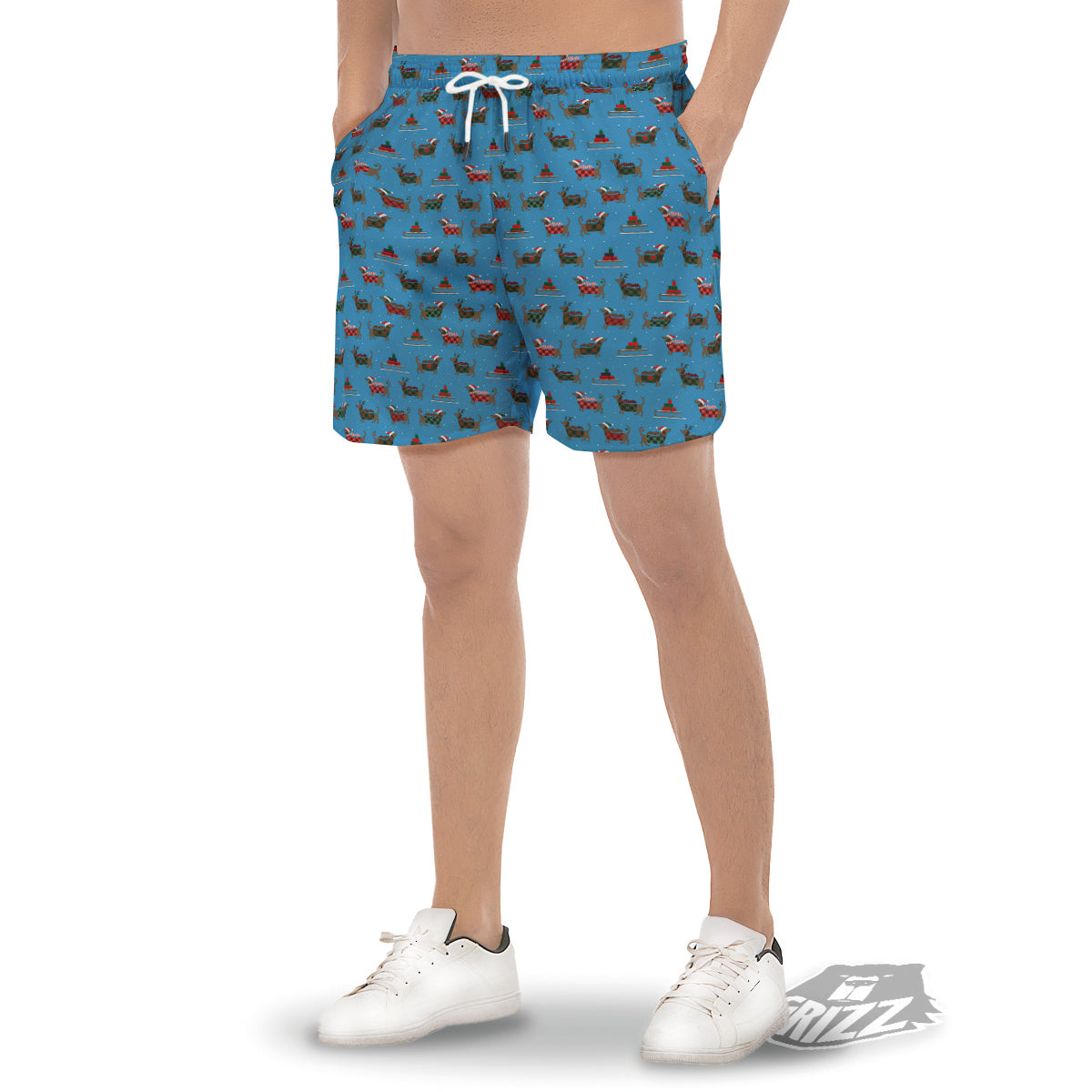Dachshund Christmas Santa Print Men's Gym Shorts-grizzshop