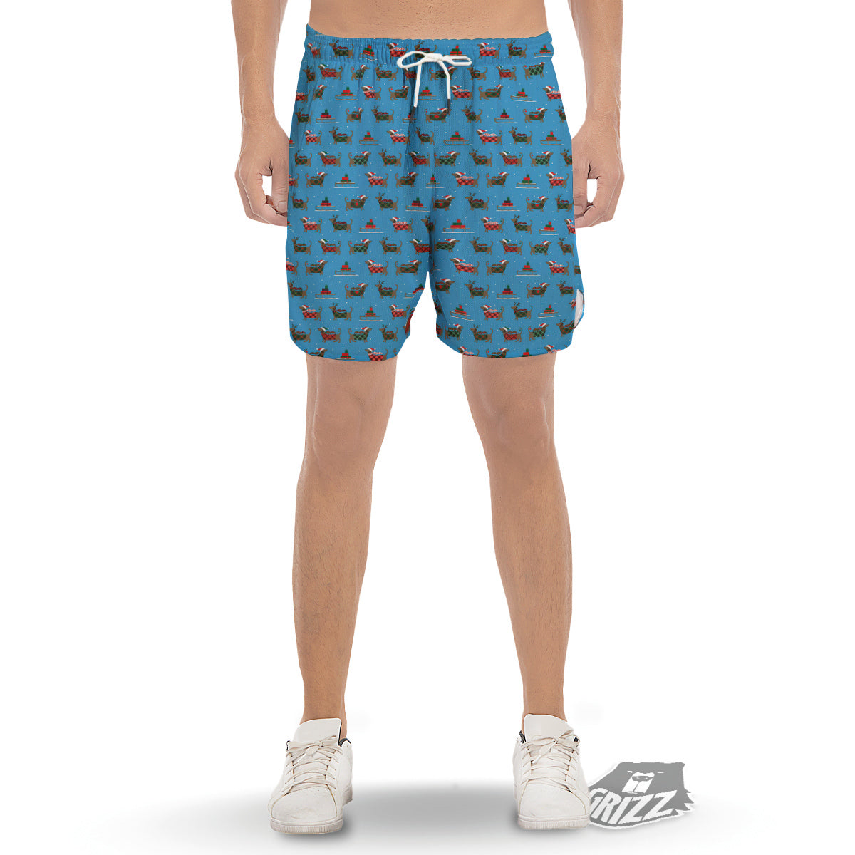 Dachshund Christmas Santa Print Men's Gym Shorts-grizzshop
