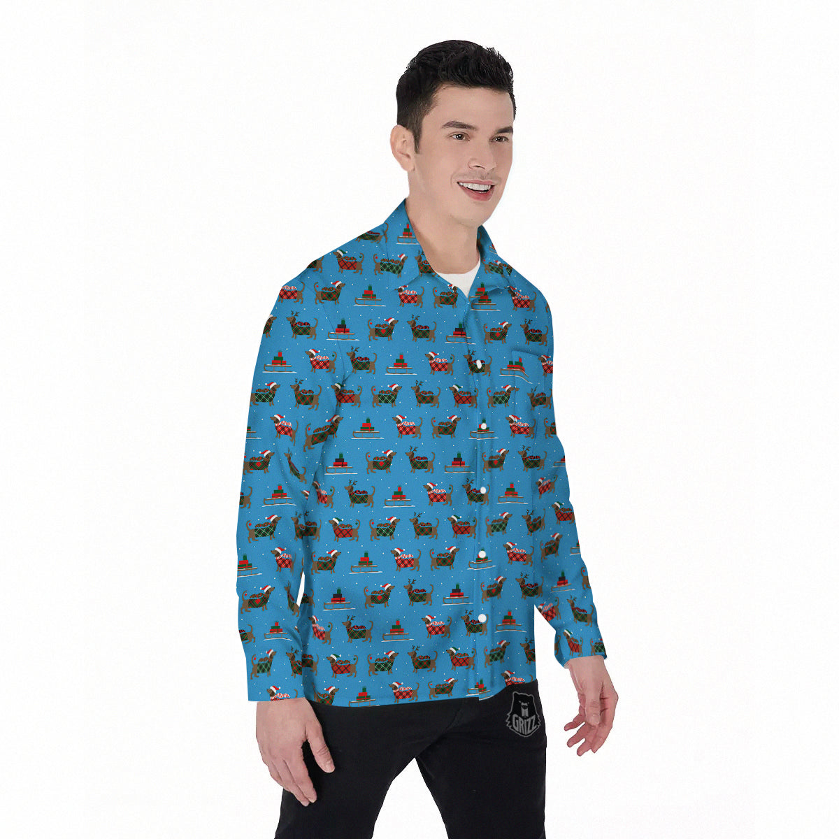 Dachshund Christmas Santa Print Men's Long Sleeve Shirts-grizzshop