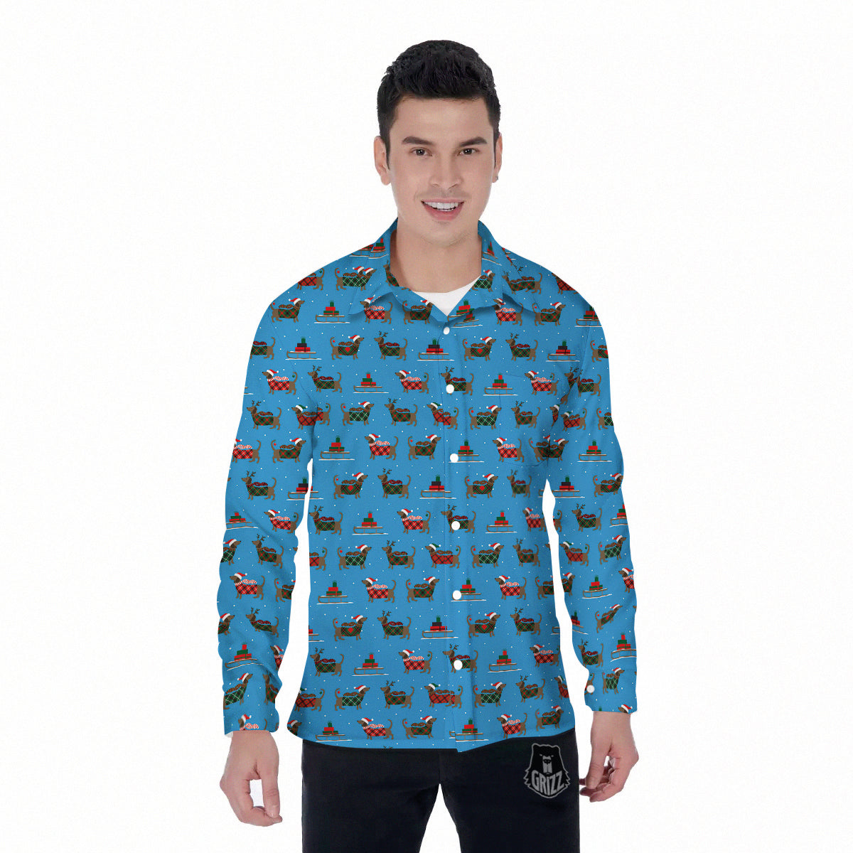 Dachshund Christmas Santa Print Men's Long Sleeve Shirts-grizzshop