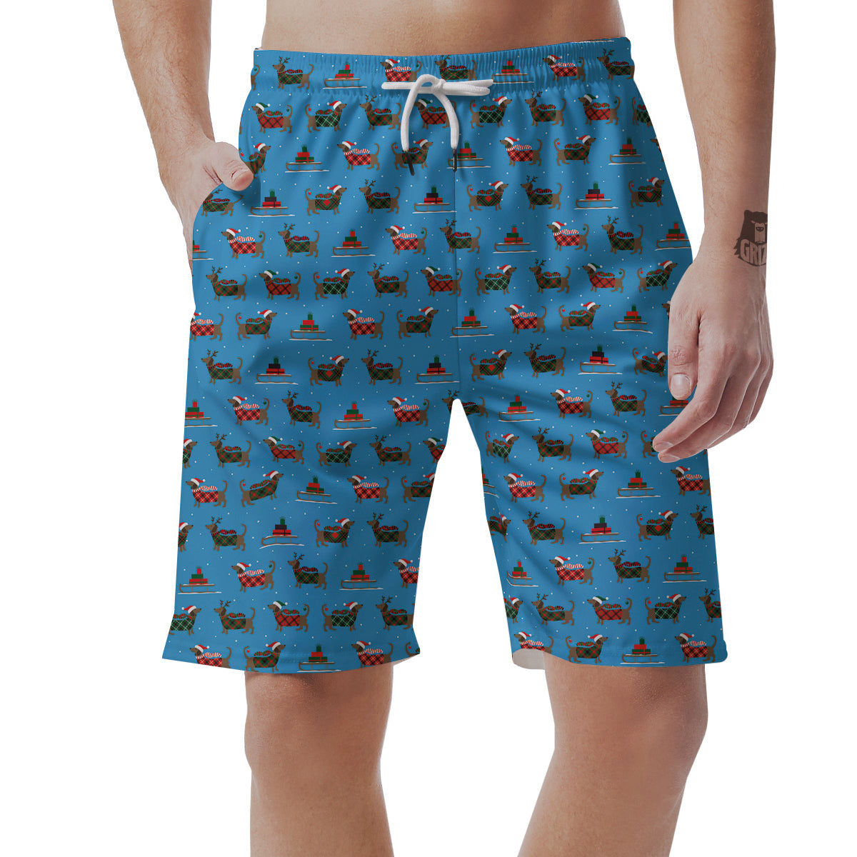 Dachshund Christmas Santa Print Men's Shorts-grizzshop