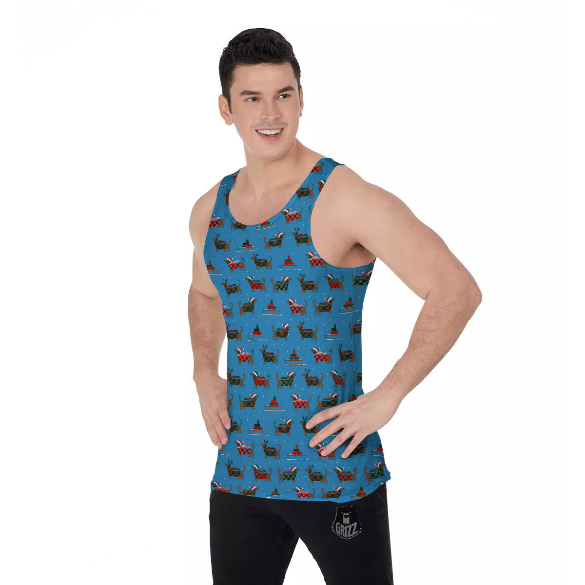 Dachshund Christmas Santa Print Men's Tank Top-grizzshop