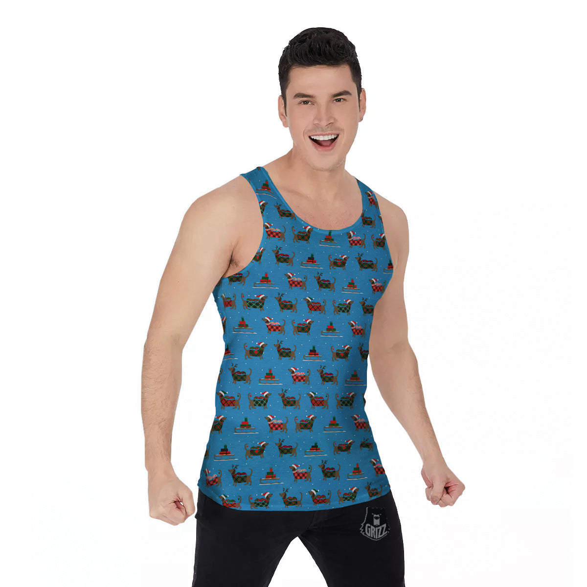 Dachshund Christmas Santa Print Men's Tank Top-grizzshop