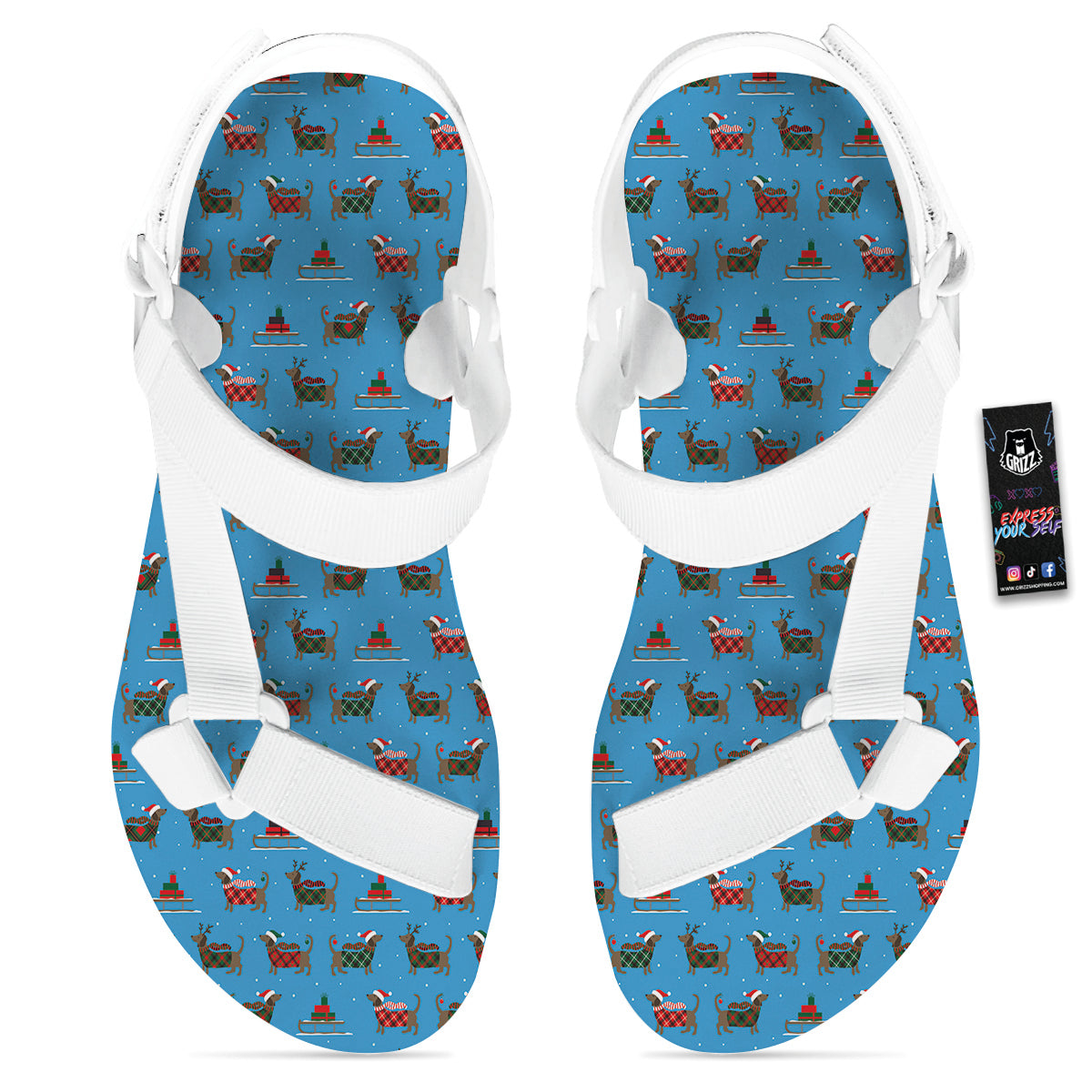 Dachshund Christmas Santa Print White Open Toe Sandals-grizzshop