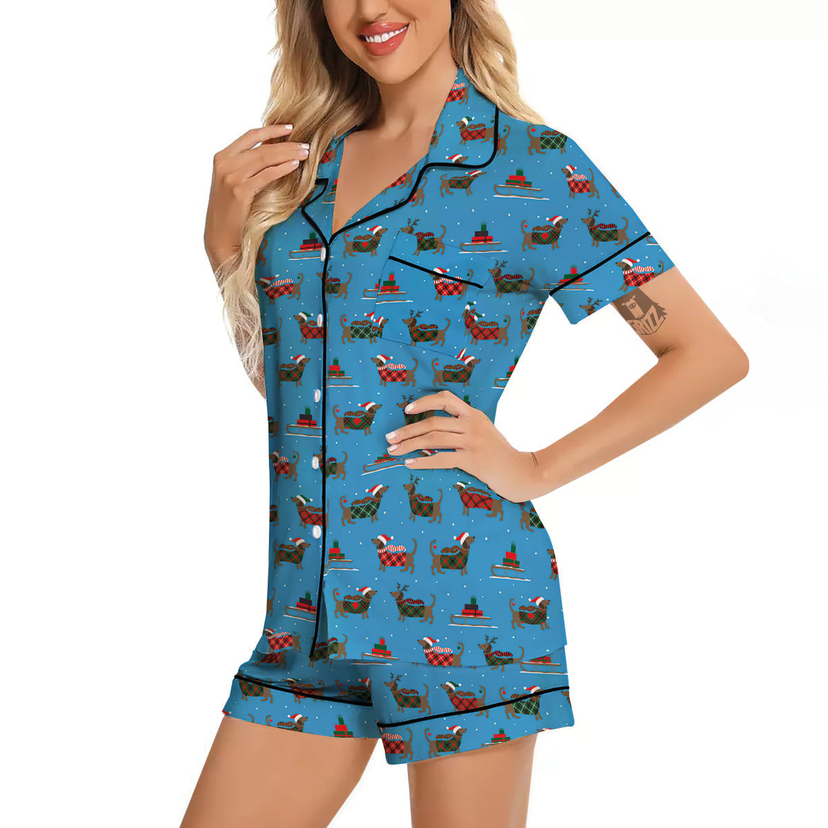 Dachshund Christmas Santa Print Women Silk Pajamas-grizzshop
