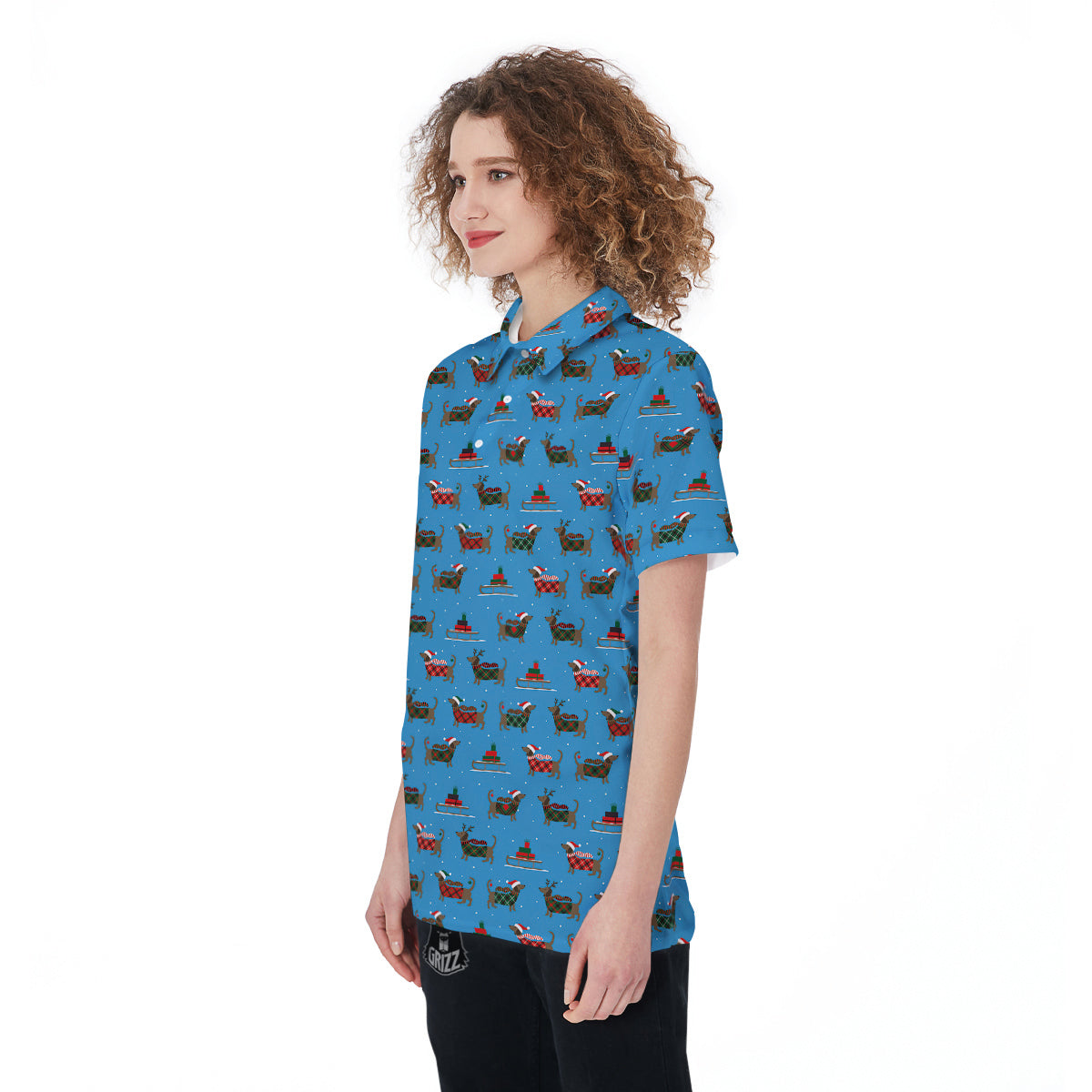 Dachshund Christmas Santa Print Women's Golf Shirts-grizzshop