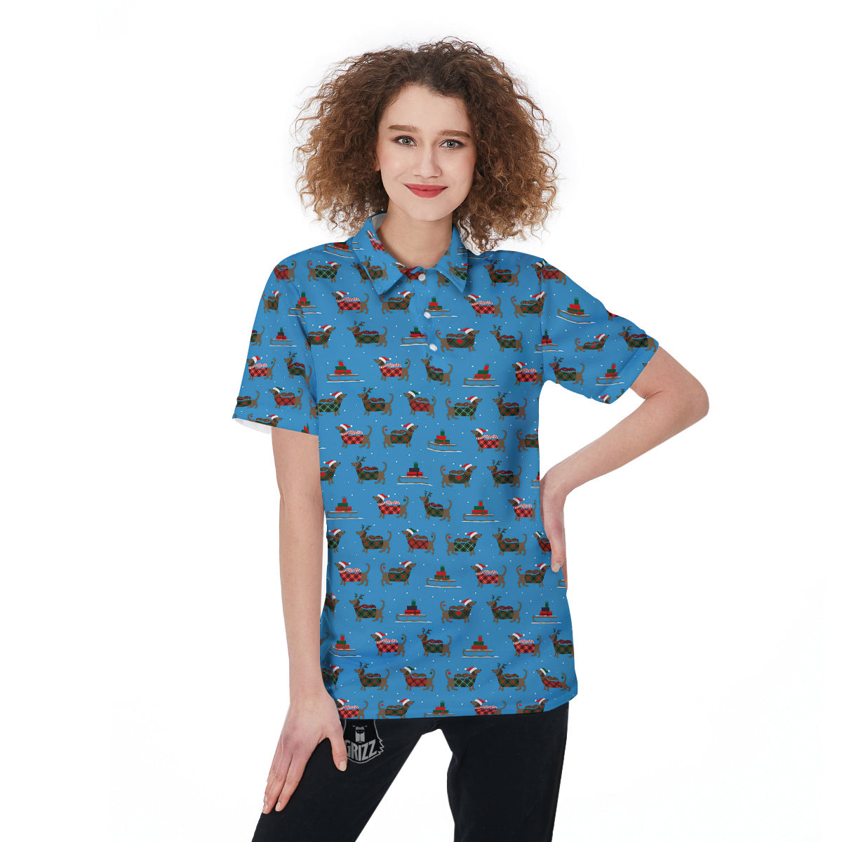 Dachshund Christmas Santa Print Women's Golf Shirts-grizzshop