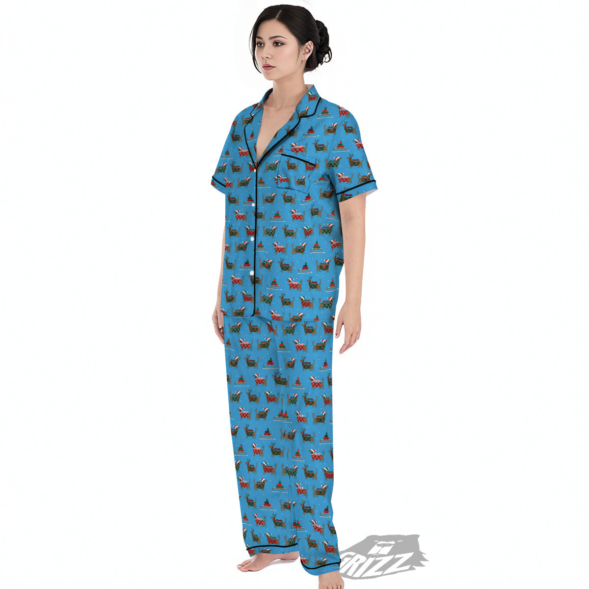 Dachshund Christmas Santa Print Women's Pajamas Set-grizzshop