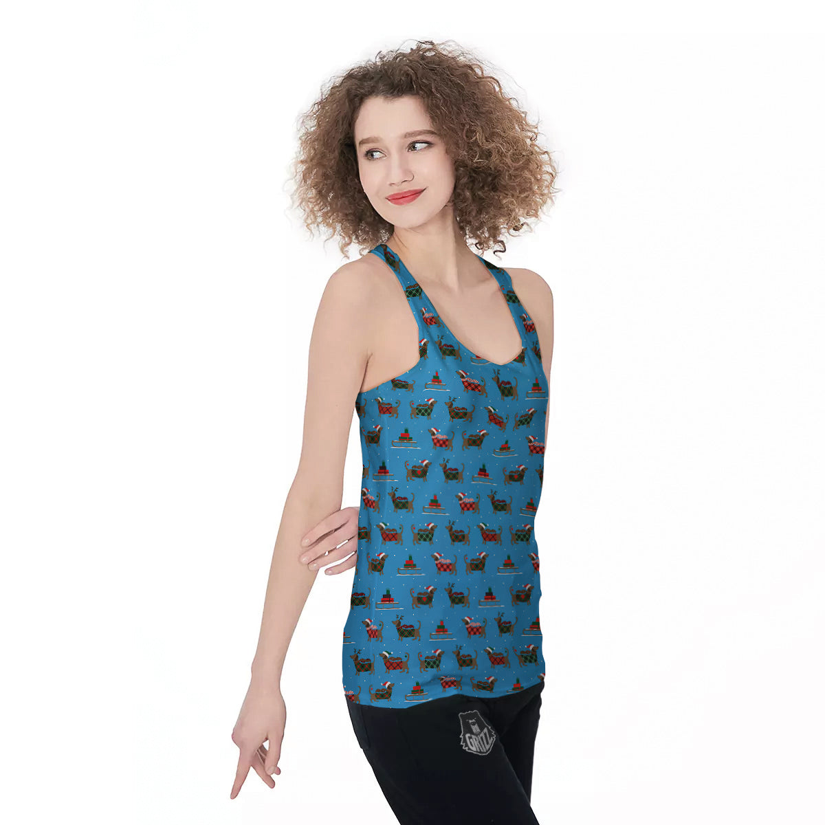 Dachshund Christmas Santa Print Women's Racerback Tank Top-grizzshop