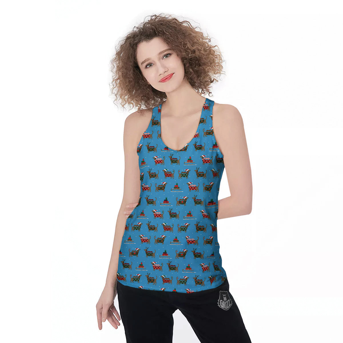 Dachshund Christmas Santa Print Women's Racerback Tank Top-grizzshop