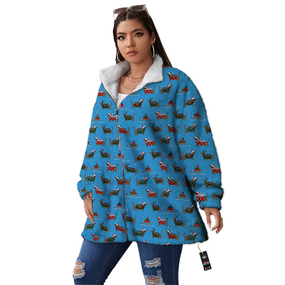 Dachshund Christmas Santa Print Women's Sherpa Jacket-grizzshop