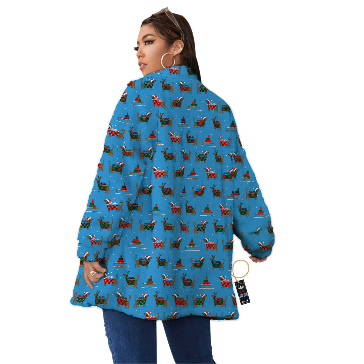 Dachshund Christmas Santa Print Women's Sherpa Jacket-grizzshop