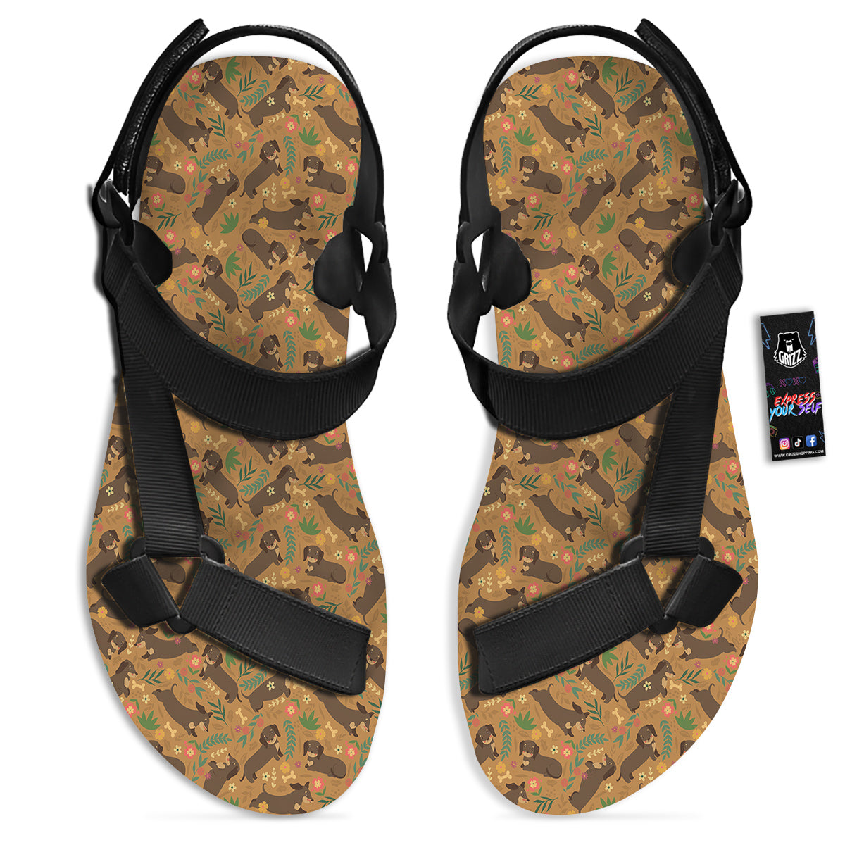 Dachshund Cute Print Pattern Black Open Toe Sandals-grizzshop
