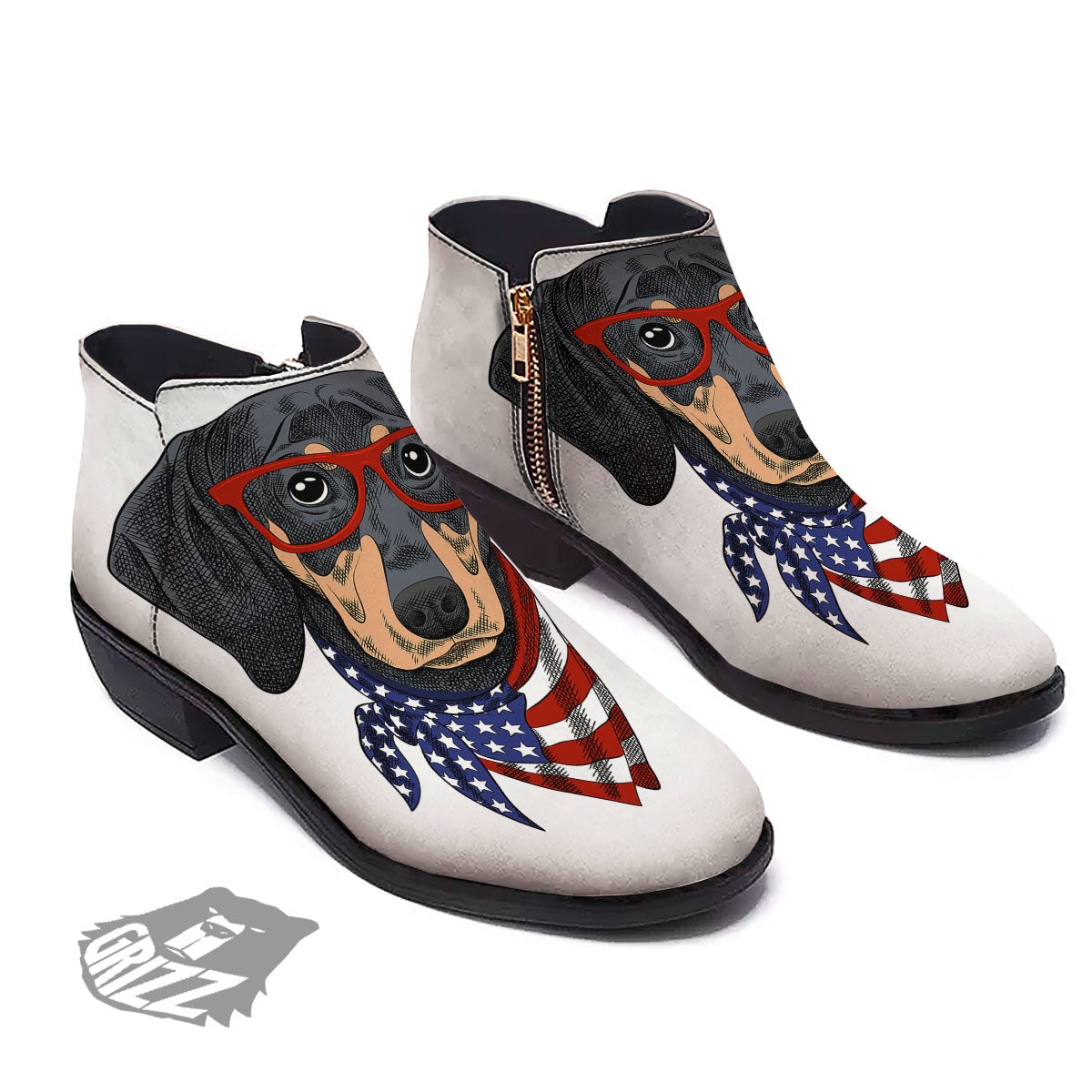 Dachshund Wearing Red Sunglasses Print Ankle Boots-grizzshop