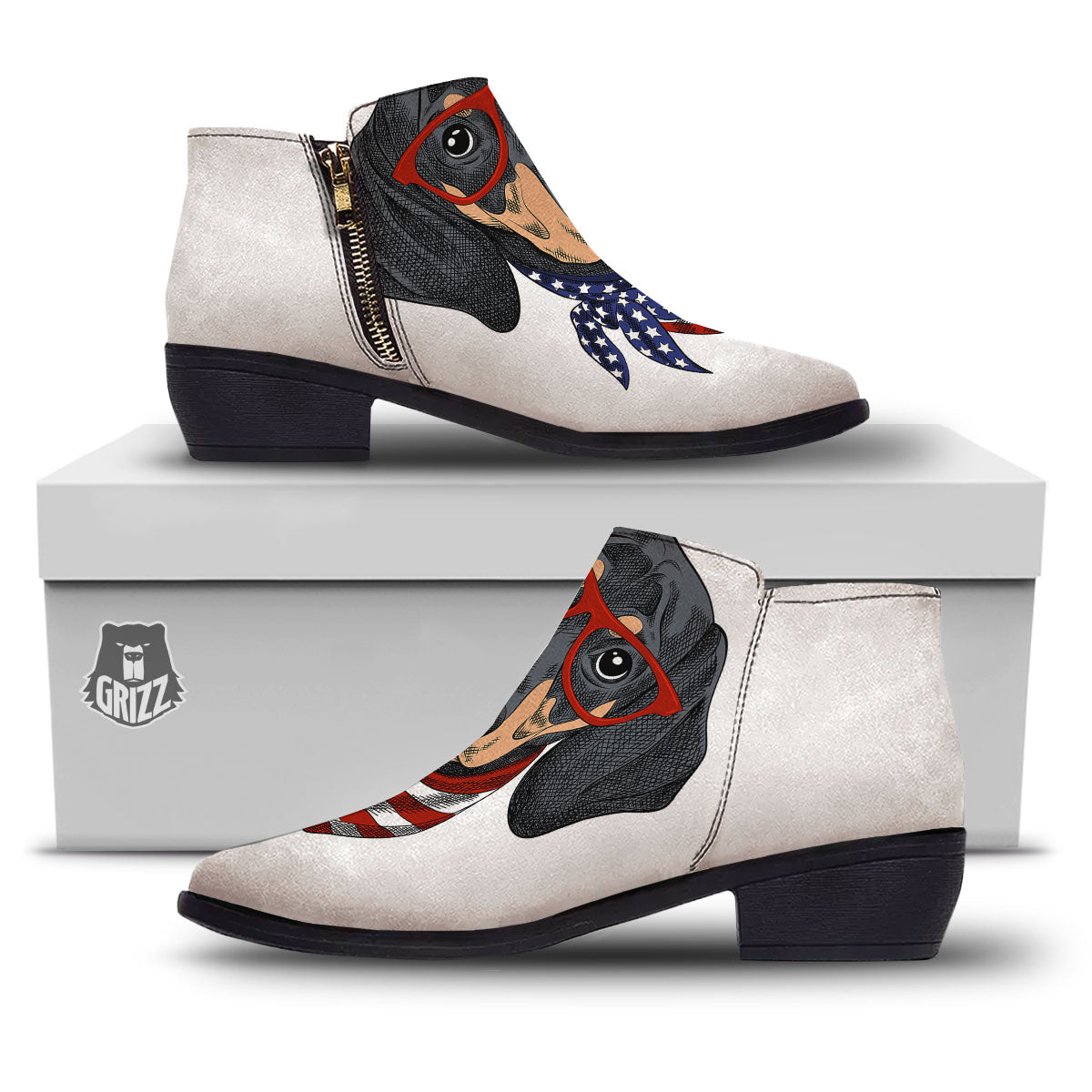 Dachshund Wearing Red Sunglasses Print Ankle Boots-grizzshop