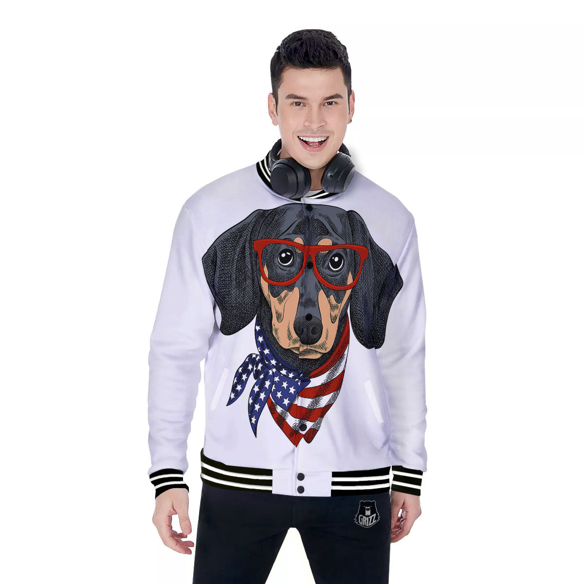 Dachshund Wearing Red Sunglasses Print Baseball Jacket-grizzshop