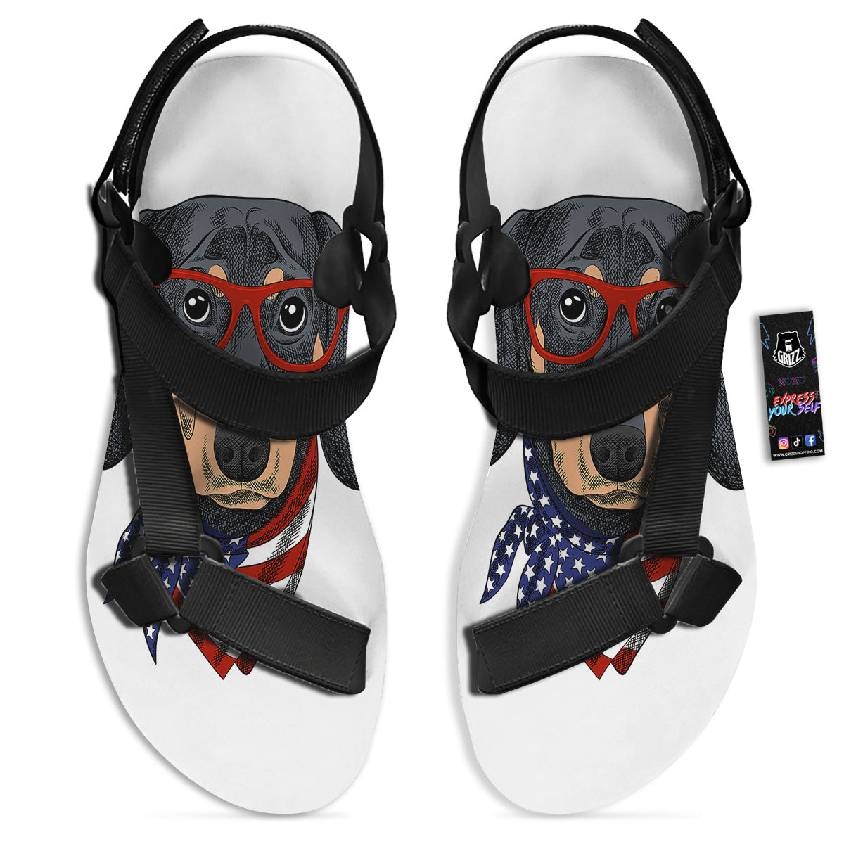 Dachshund Wearing Red Sunglasses Print Black Open Toe Sandals-grizzshop