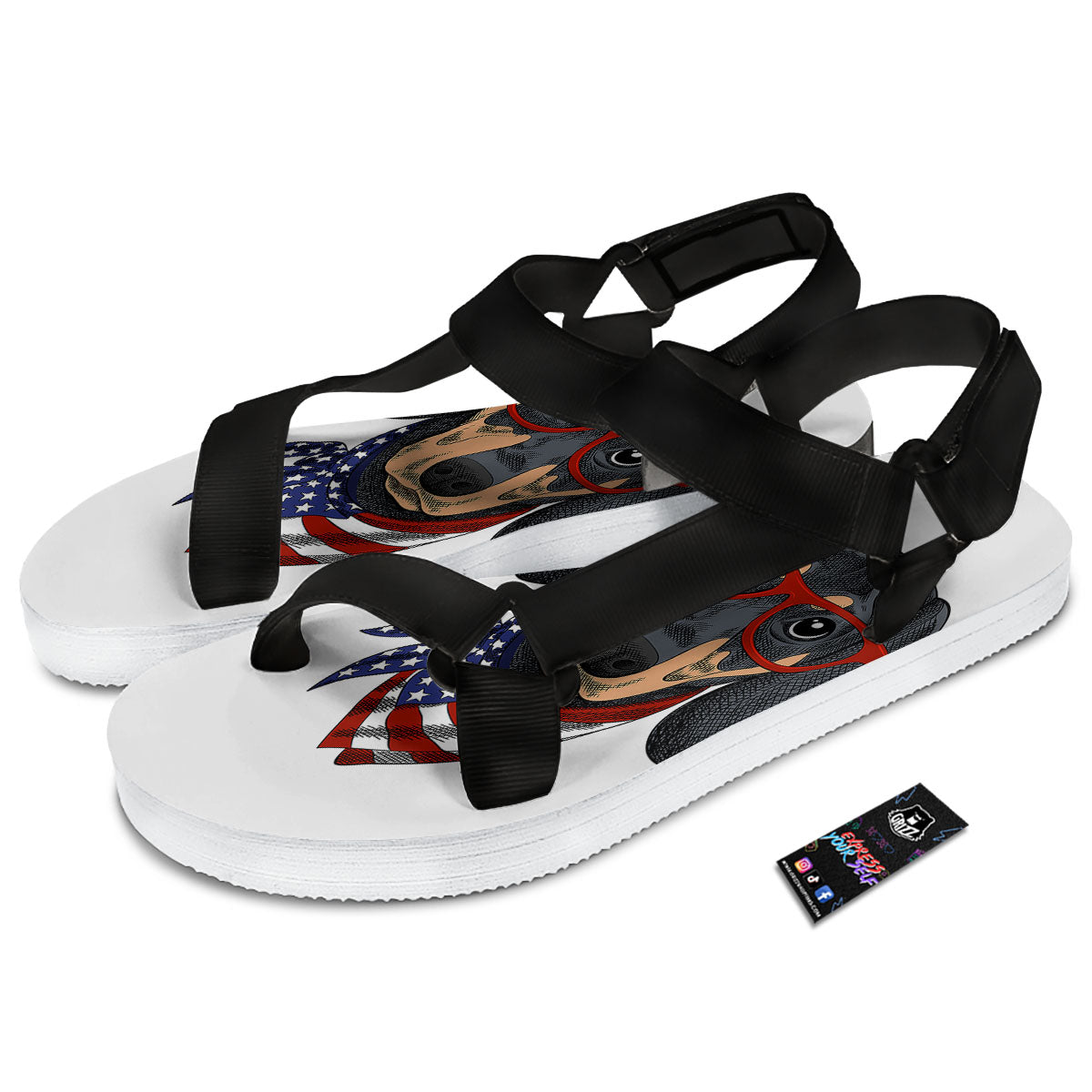 Dachshund Wearing Red Sunglasses Print Black Open Toe Sandals-grizzshop