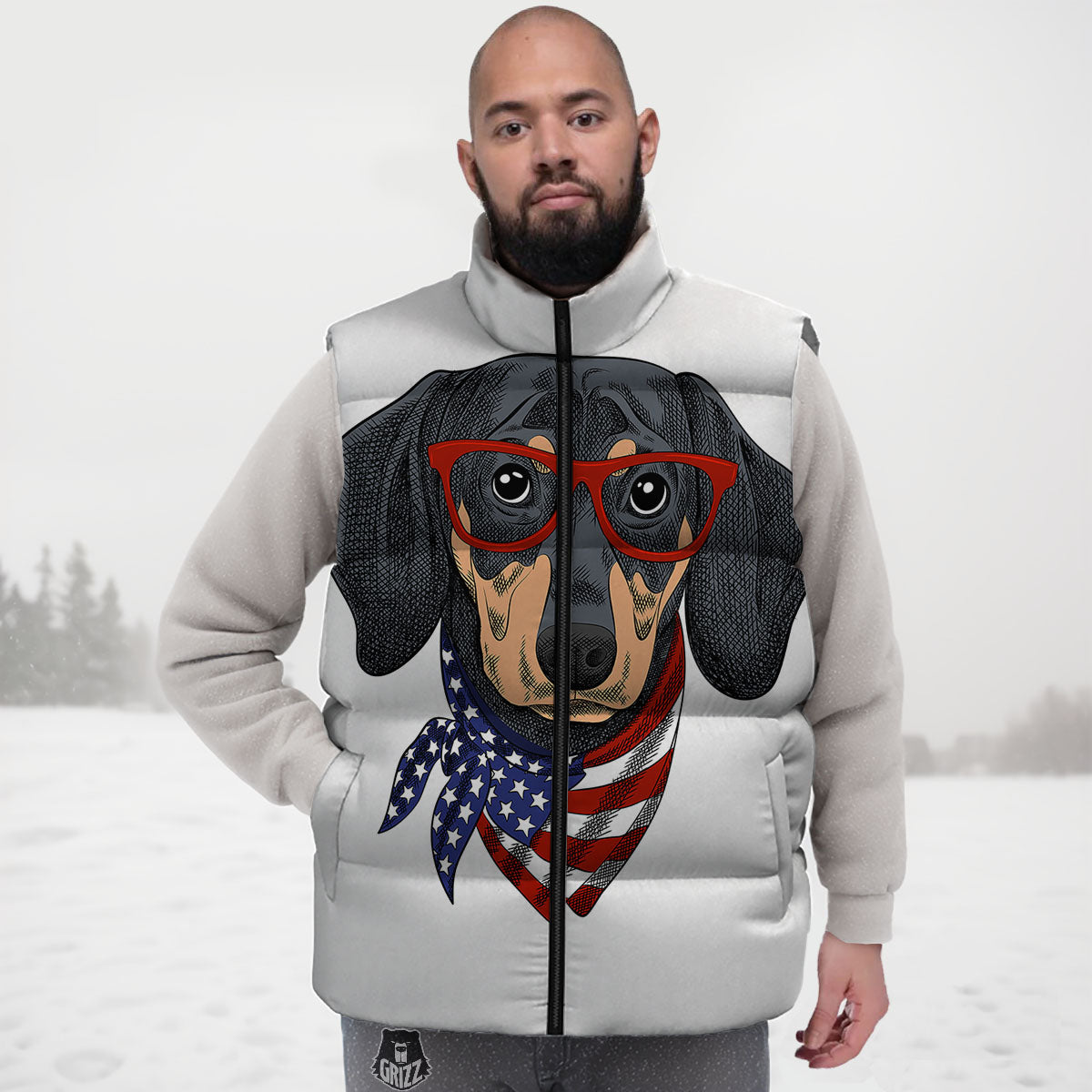 Dachshund Wearing Red Sunglasses Print Down Vest
