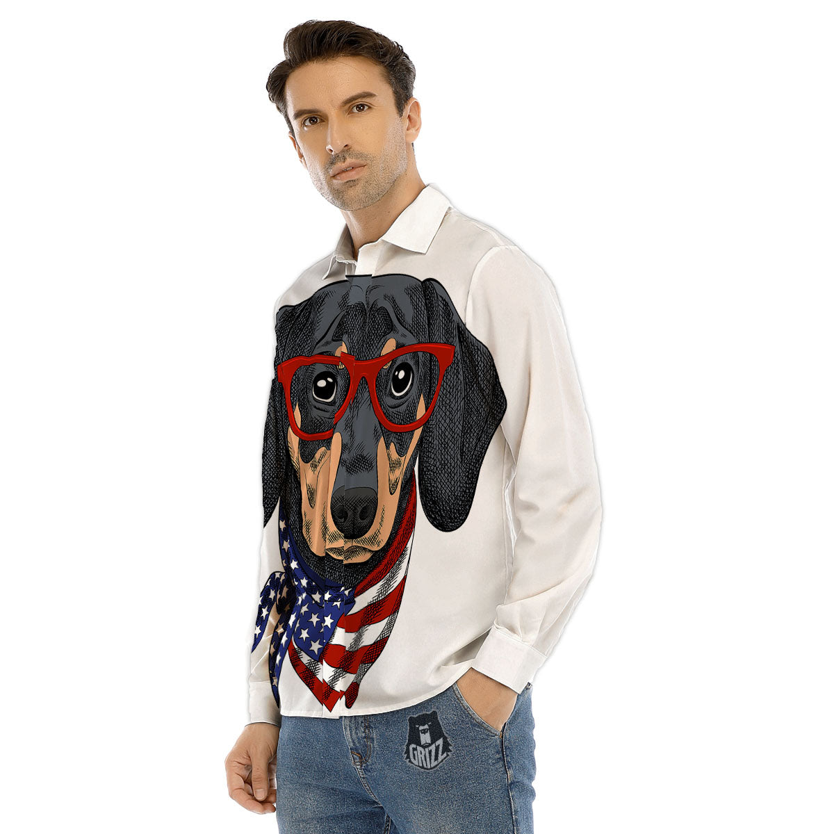 Dachshund Wearing Red Sunglasses Print Men's Dress Shirts-grizzshop