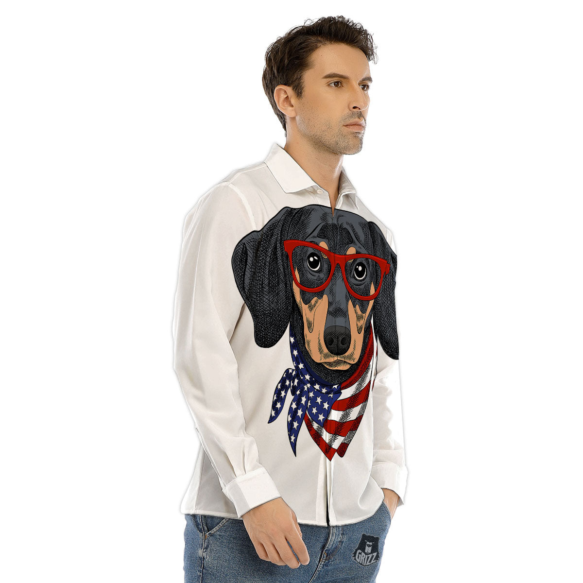 Dachshund Wearing Red Sunglasses Print Men's Dress Shirts-grizzshop