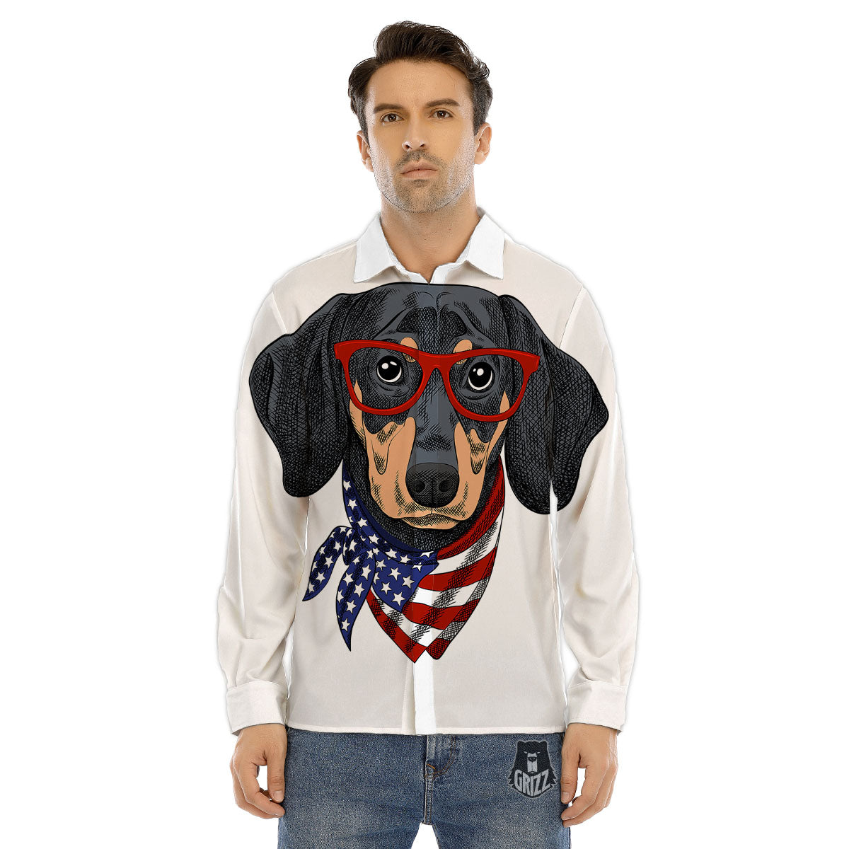 Dachshund Wearing Red Sunglasses Print Men's Dress Shirts-grizzshop