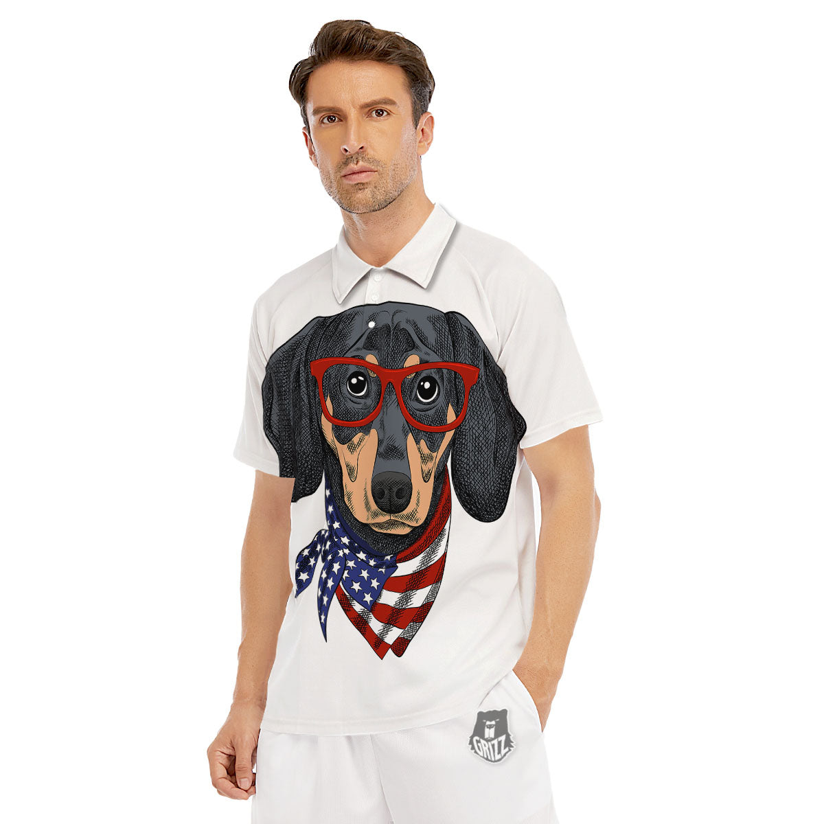 Dachshund Wearing Red Sunglasses Print Men's Golf Shirts-grizzshop