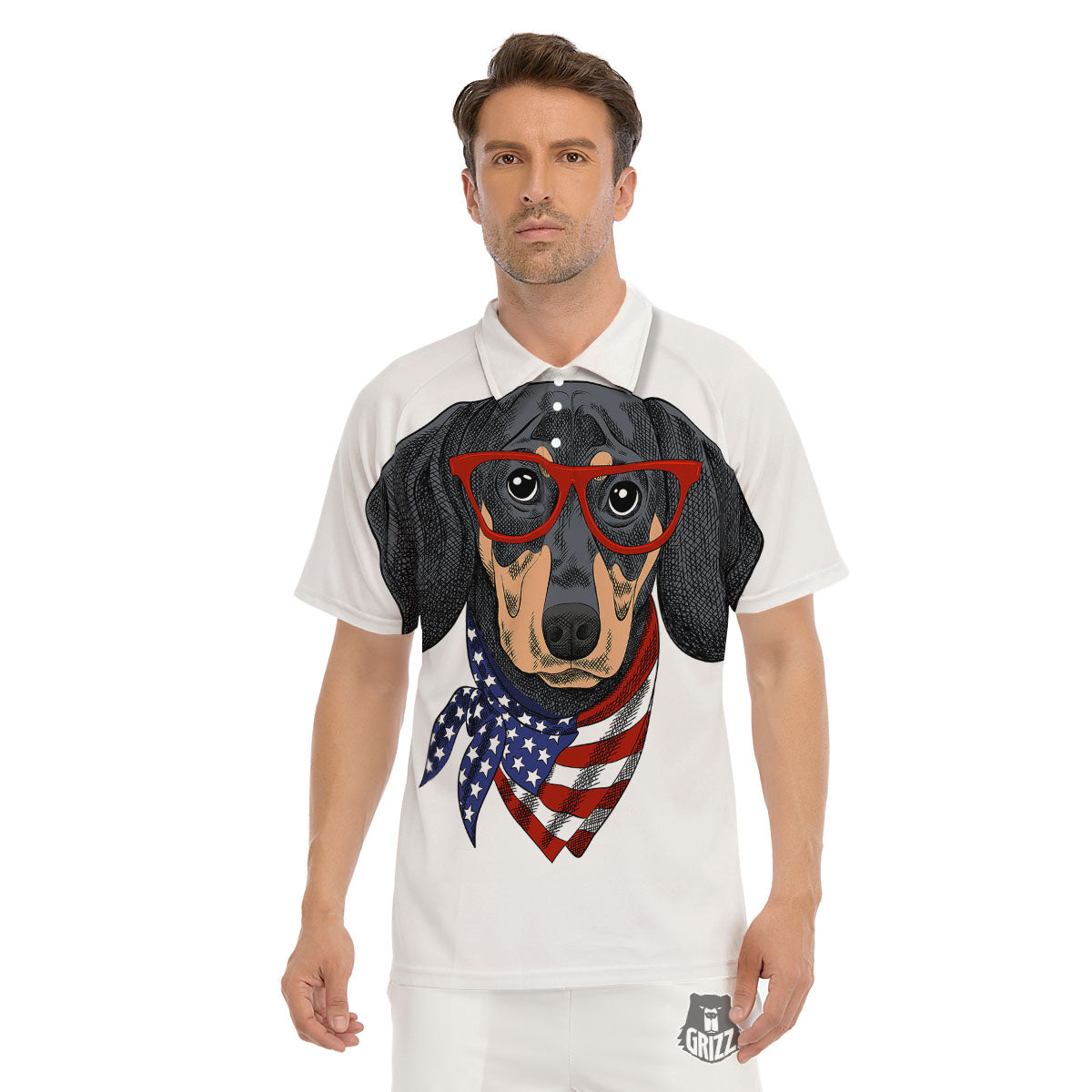 Dachshund Wearing Red Sunglasses Print Men's Golf Shirts-grizzshop