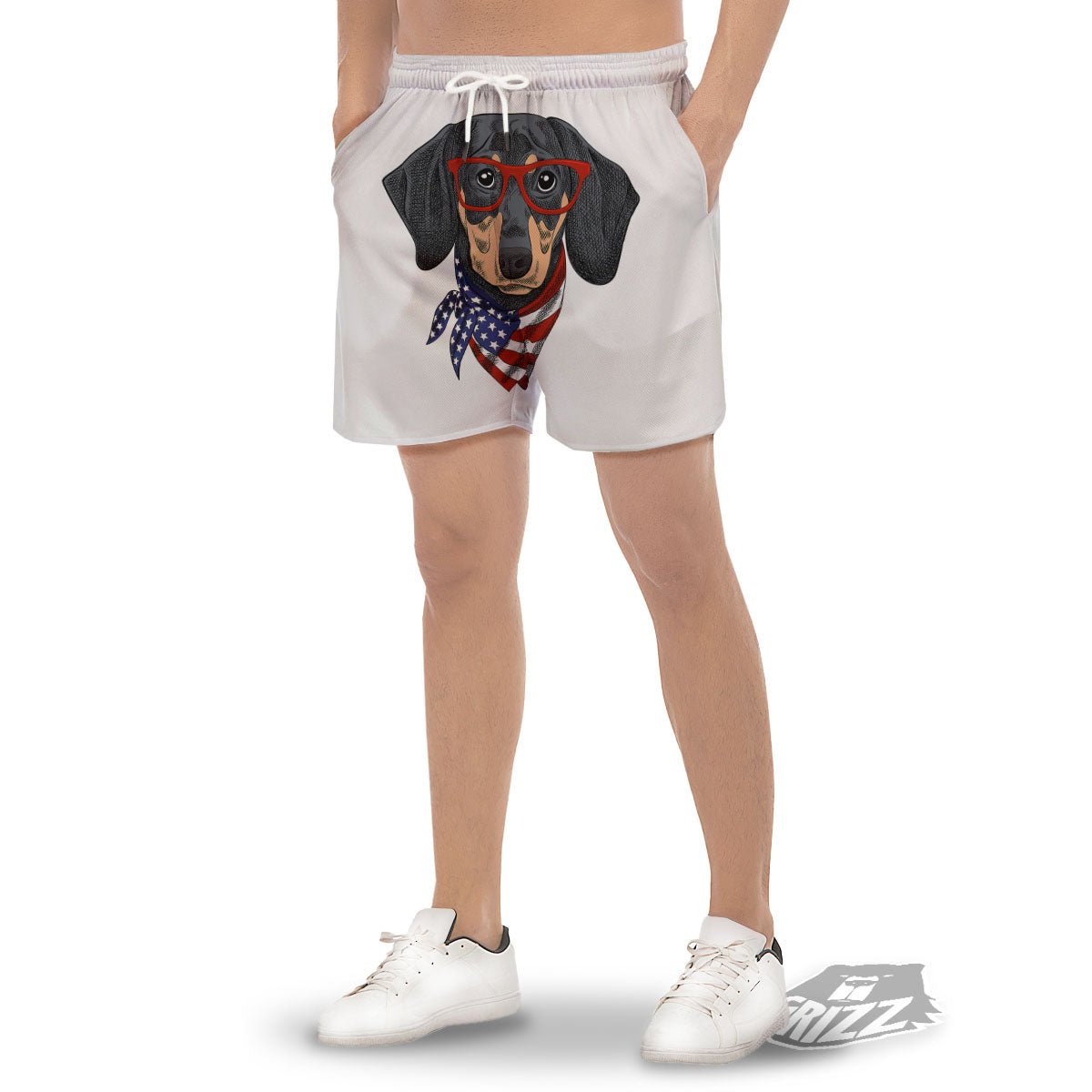 Dachshund Wearing Red Sunglasses Print Men's Gym Shorts-grizzshop