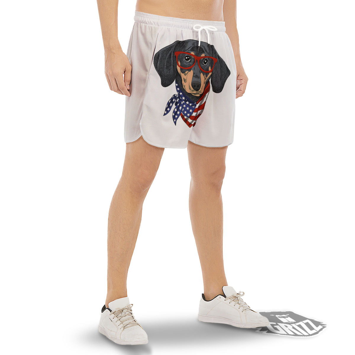 Dachshund Wearing Red Sunglasses Print Men's Gym Shorts-grizzshop