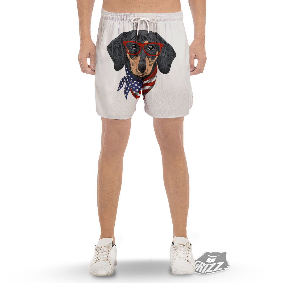Dachshund Wearing Red Sunglasses Print Men's Gym Shorts-grizzshop